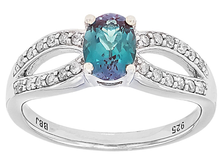 Blue Lab Created Alexandrite with White Diamond Rhodium over Sterling Silver Ring 0.86ctw