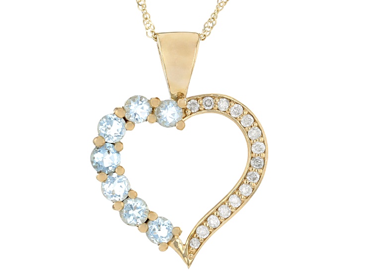Blue Aquamarine With White Diamond 14K Yellow Gold 7-Stone Heart Pendant With Chain 0.71ctw