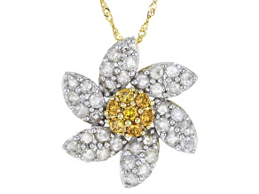 Natural Butterscotch And White Diamond 10k Yellow Gold Floral Slide Pendant With 18" Chain 1.25ctw