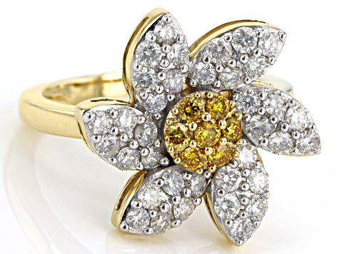 Natural Butterscotch And White Diamond 10k Yellow Gold Floral Cluster Ring 1.25ctw