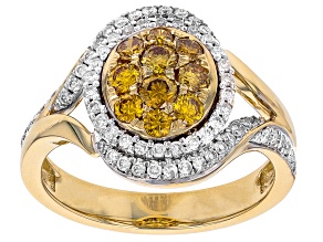 Natural Butterscotch And White Diamond 10k Yellow Gold Halo Cluster Ring 1.00ctw