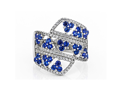 Lab Created Blue Spinel And White Cubic Zirconia Rhodium Over Sterling Silver Ring 2.42ctw