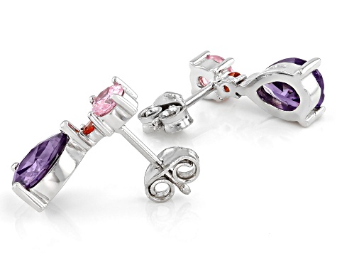 Purple, Pink, And Orange Cubic Zirconia Rhodium Over Sterling Silver Earrings 4.40ctw