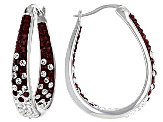 Red And White Crystal Rhodium Over Brass Hoop Earrings