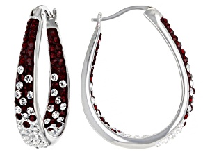 Red And White Crystal Rhodium Over Brass Hoop Earrings