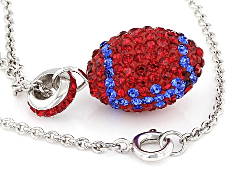 Navy And Red Crystal Rhodium Over Brass Football Pendant With Chain