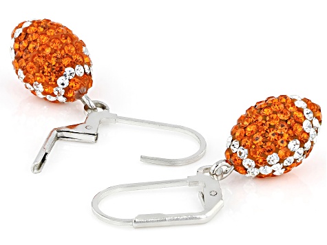 Orange And White Crystal Rhodium Over Brass Football Dangle Earrings