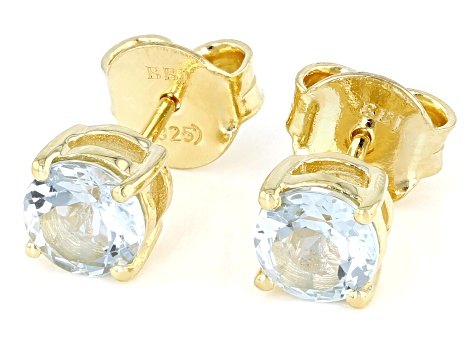 Blue Aquamarine 18k Yellow Gold Over Sterling Silver March Birthstone Stud Earrings 1.28ctw