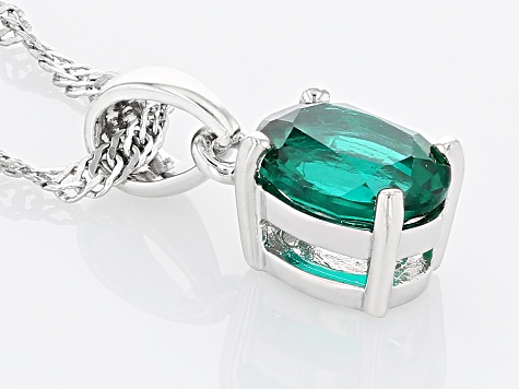 Green Lab Created Emerald Rhodium Over Sterling Silver May Birthstone Pendant With Chain 0.95ct
