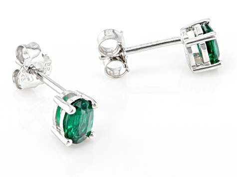 Green Lab Created Emerald Rhodium Over Sterling Silver May Birthstone Stud Earrings 0.68ctw