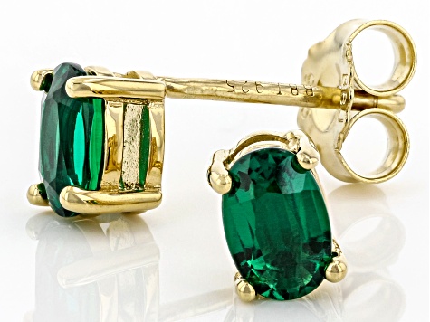 Green Lab Emerald 18K Yellow Gold Over Silver May Birthstone Solitaire Stud Earrings 0.68ctw