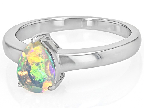 Multicolor Ethiopian Opal Rhodium Over Sterling Silver October Birthstone Ring 0.55ct