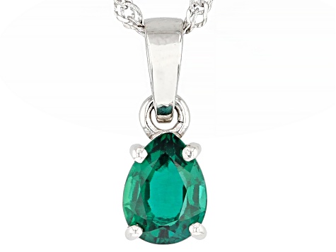 Pear Lab Created Emerald Rhodium Over Sterling Silver May Birthstone Pendant With Chain 0.87ct