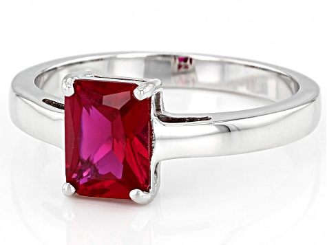 Red ruby ring, good July birthstone, emerald cut, sterling silver, engagement ring for women