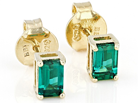 Green Lab created Emerald 18k Yellow Gold Over Sterling Silver May Birthstone Earrings 0.85ctw