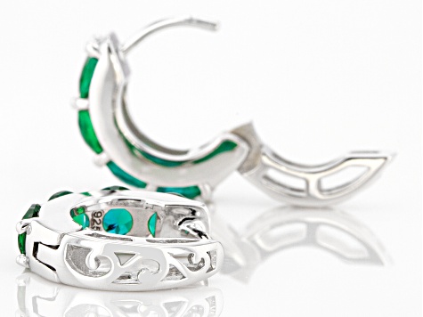 Green Lab Created Emerald Rhodium Over Sterling Silver May Birthstone Huggie Earrings 1.63ctw