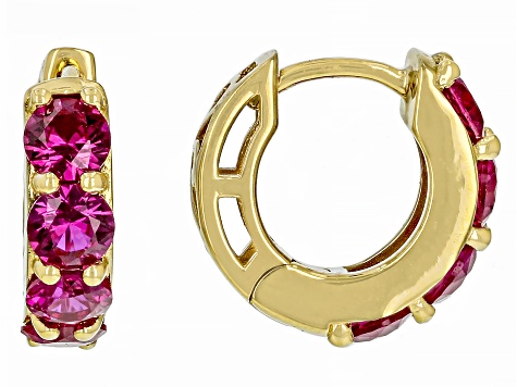 Red Lab Created Ruby 18k Yellow Gold Over Sterling Silver July Birthstone Huggie Earrings 2.04ctw