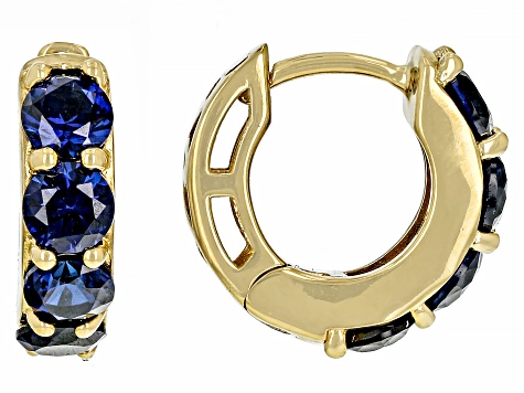 Blue Lab Created Sapphire 18k Yellow Gold Over Silver September Birthstone Huggie Earrings 2.10ctw