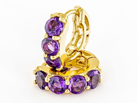 Purple Amethyst 18k Yellow Gold Over Silver February Birthstone Huggie Hoop Earrings 1.77ctw