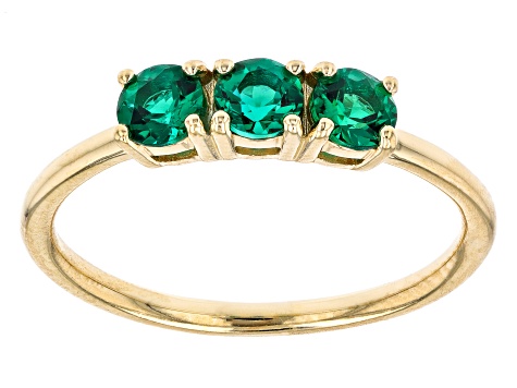 Green Lab Created Emerald 18k Yellow Gold Over Sterling Silver May Birthstone 3-Stone Ring 0.61ctw