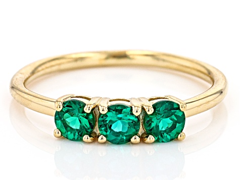 Green Lab Created Emerald 18k Yellow Gold Over Sterling Silver May Birthstone 3-Stone Ring 0.61ctw