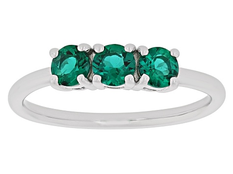 Green Lab Created Emerald Rhodium Over Sterling Silver May Birthstone 3-Stone Ring 0.61ctw