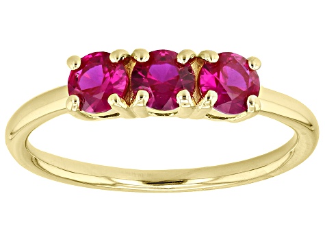 Red Lab Created Ruby 18k yellow Gold Over Sterling Silver July Birthstone 3-Stone Ring 0.77ctw