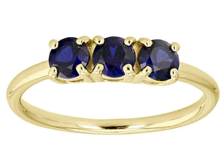 Blue Lab Created Sapphire 18k Yellow Gold Over Silver September Birthstone 3-Stone Ring 0.79ctw