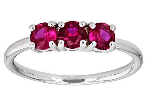 Red Lab Created Ruby Rhodium Over Sterling Silver July Birthstone 3-Stone Ring 0.77ctw