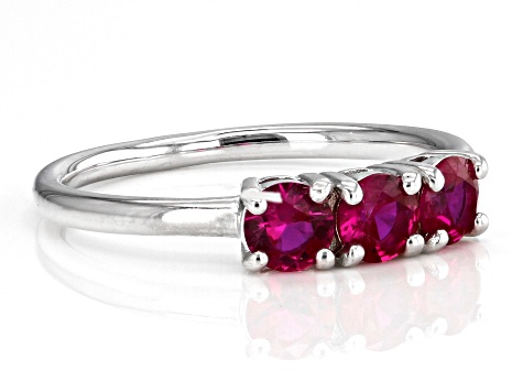 Red Lab Created Ruby Rhodium Over Sterling Silver July Birthstone 3-Stone Ring 0.77ctw