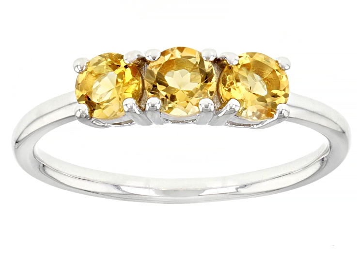 Yellow Citrine Rhodium Over Sterling Silver November Birthstone 3-Stone Ring 0.64ctw