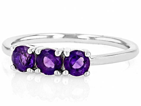 Purple Amethyst Rhodium Over Sterling Silver February Birthstone 3-Stone Ring .66ctw