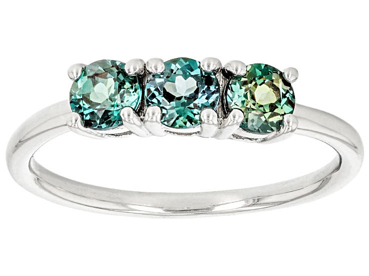 Blue Lab Created Alexandrite Rhodium Over Sterling Silver June Birthstone 3-Stone Ring .89ctw