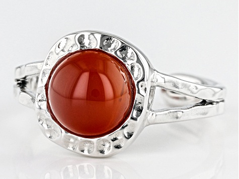Red Carnelian Rhodium Over Sterling Silver July Birthstone Hammered Cuff Ring