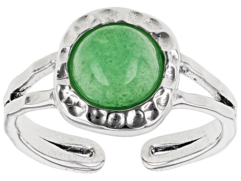 Green Jadeite Rhodium Over Sterling Silver August Birthstone Hammered Ring