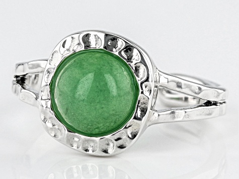 Green Jadeite Rhodium Over Sterling Silver August Birthstone Hammered Ring