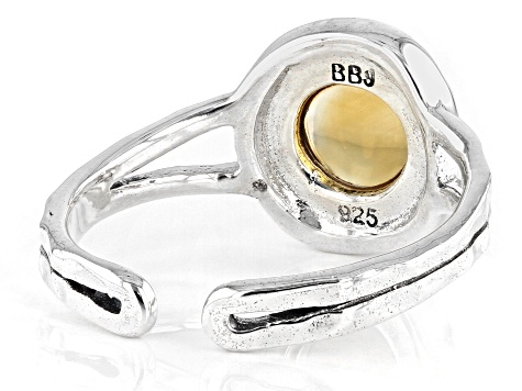 Yellow Citrine Rhodium Over Sterling Silver November Birthstone Hammered Ring