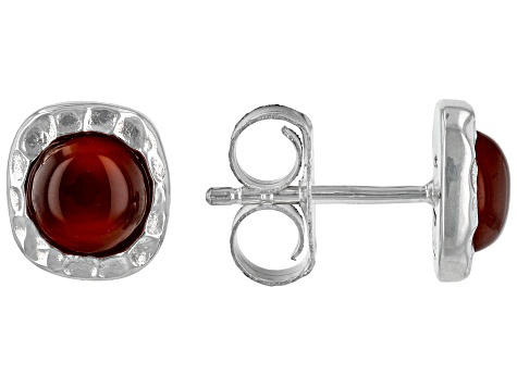 Red Carnelian Rhodium Over Sterling Silver July Birthstone Hammered Stud Earrings