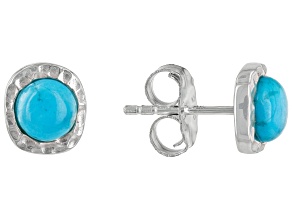 Blue Turquoise Rhodium Over Sterling Silver December Birthstone Hammered Stud Earrings