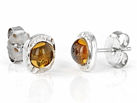 Yellow Citrine Rhodium Over Sterling Silver November Birthstone Hammered Stud Earrings