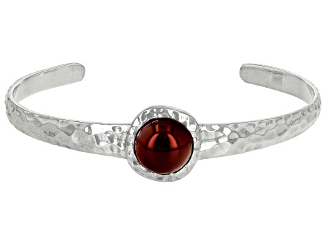 Red Carnelian Rhodium Over Sterling Silver July Birthstone Hammered Cuff Bracelet