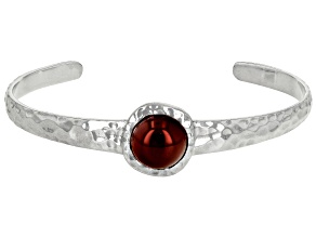 Red Carnelian Rhodium Over Sterling Silver July Birthstone Hammered Cuff Bracelet
