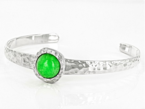 Green Jadeite Rhodium Over Sterling Silver August Birthstone Hammered Cuff Bracelet