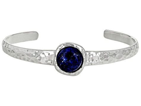 Blue Lapis Lazuli Rhodium Over Sterling Silver September Birthstone Hammered Cuff Bracelet