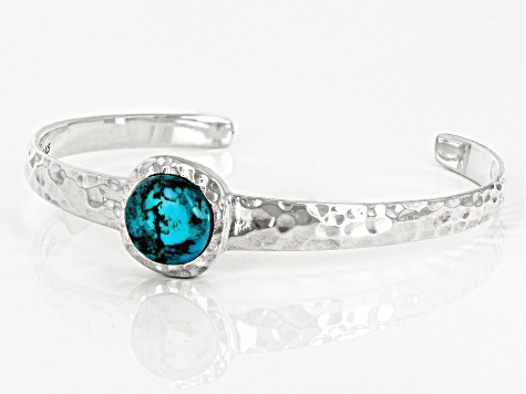 Blue Turquoise Rhodium Over Sterling Silver December Birthstone Hammered Cuff Bracelet