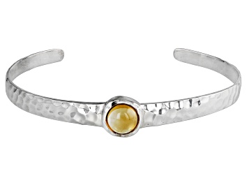 Picture of Yellow Citrine Rhodium Over Sterling Silver November Birthstone Hammered Cuff Bracelet