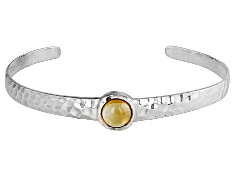 Yellow Citrine Rhodium Over Sterling Silver November Birthstone Hammered Cuff Bracelet