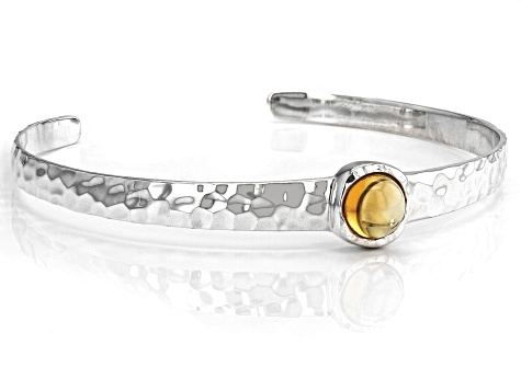 Yellow Citrine Rhodium Over Sterling Silver November Birthstone Hammered Cuff Bracelet