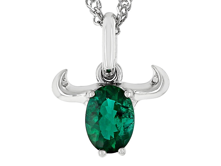 Green Lab Created Emerald Rhodium Over Sterling Silver Taurus Pendant With Chain .59ct