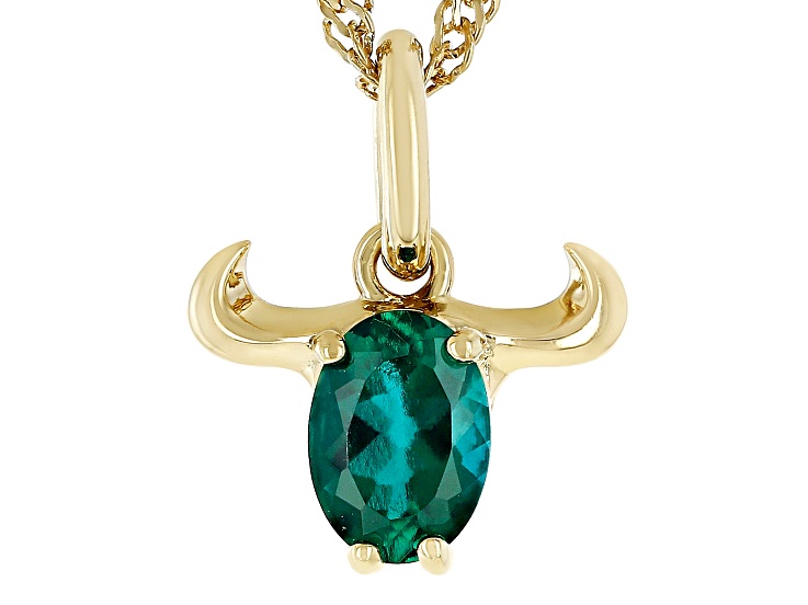 Green Lab Created Emerald 18k Yellow Gold Over Sterling Silver Taurus Pendant With Chain 0.59ct